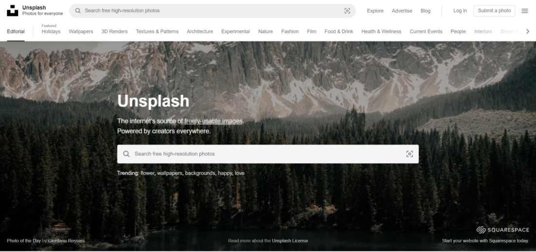 скрин сайта картинок unsplash - полезный сайт